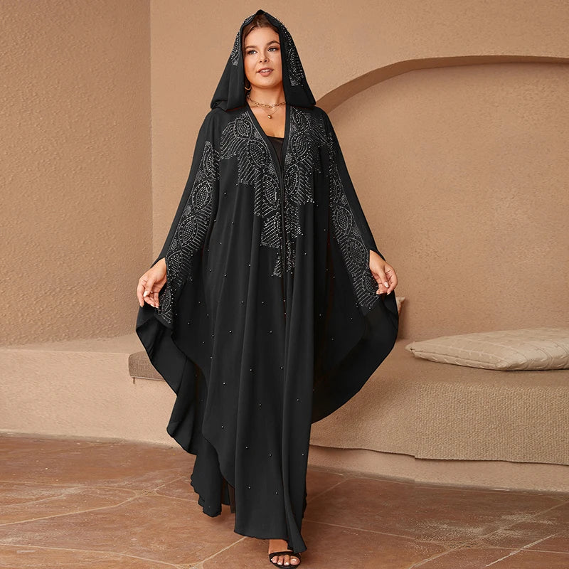 Muslim Kaftan Hooded Abaya Dress For Women Dubai Turkish Rhinestone Chiffon Djellaba Elegant Loose Boubou Beads Africa Clothing