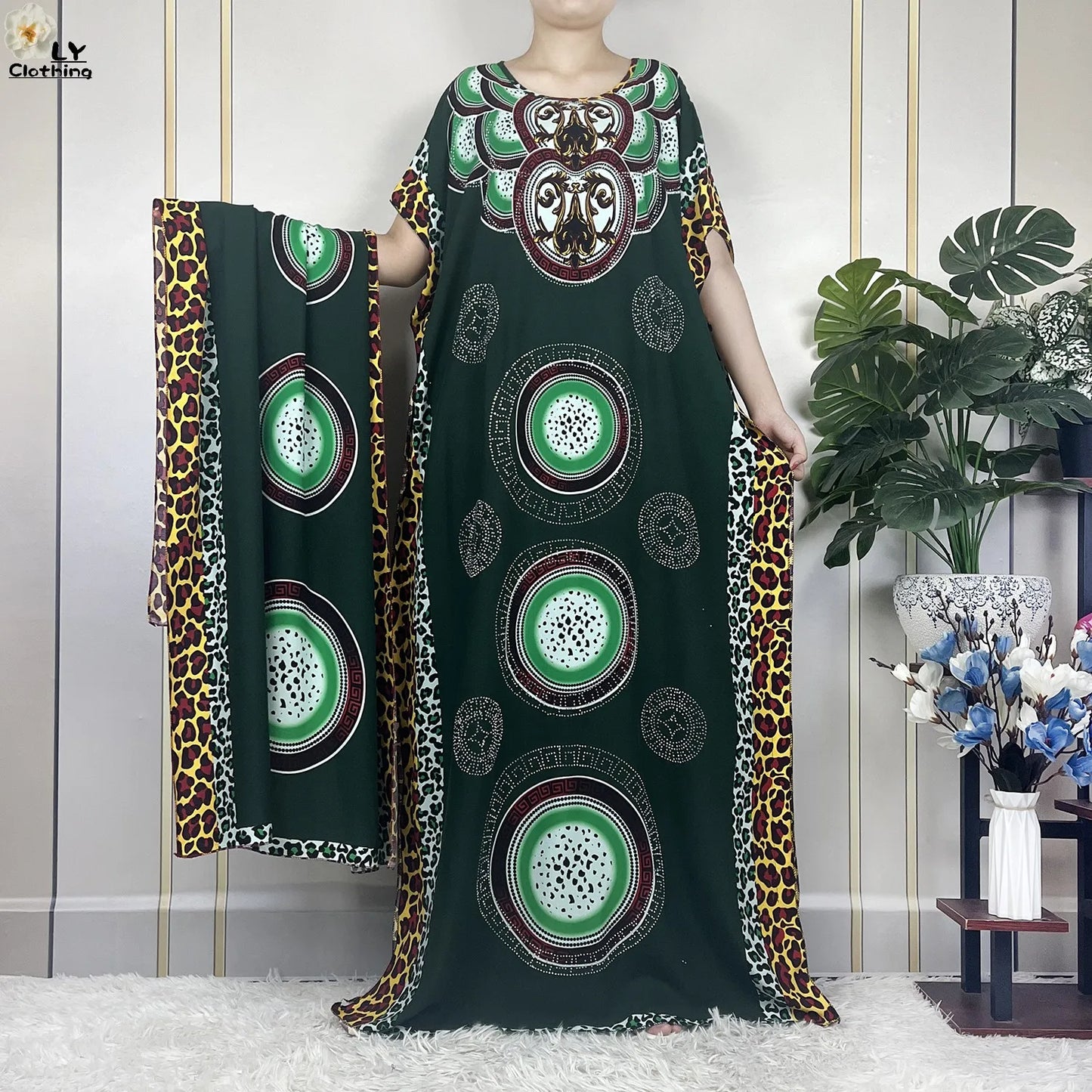 Muslim Lady Dress With Big Scarf Cotton Printed Loose Floral African Dashiki Boubou Maxi Islam Women Short Sleeve Abaya Clothing