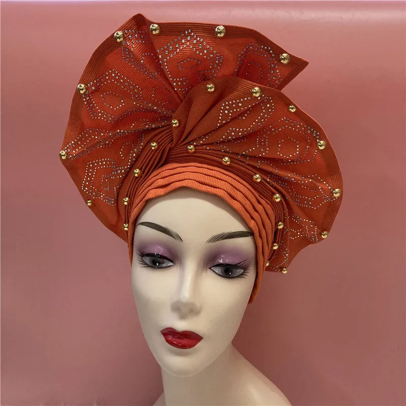 Nigerian gel headgear, with stone bead, already made auto, turban, afro aso ebi gel aso oke, wide brim headgear 7L111802