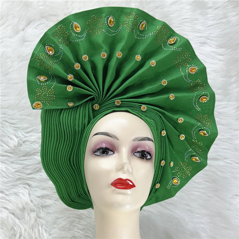 Nigerian gel headgear, with stone bead, already made auto, turban, afro aso ebi gel aso oke, wide brim headgear 7L111802