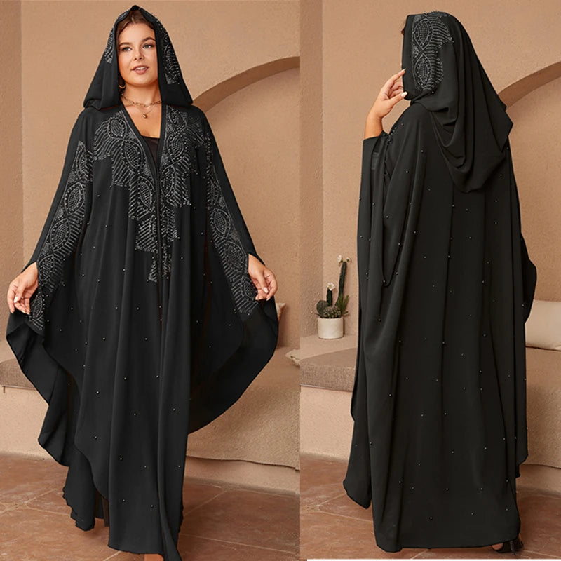 Muslim Kaftan Hooded Abaya Dress For Women Dubai Turkish Rhinestone Chiffon Djellaba Elegant Loose Boubou Beads Africa Clothing