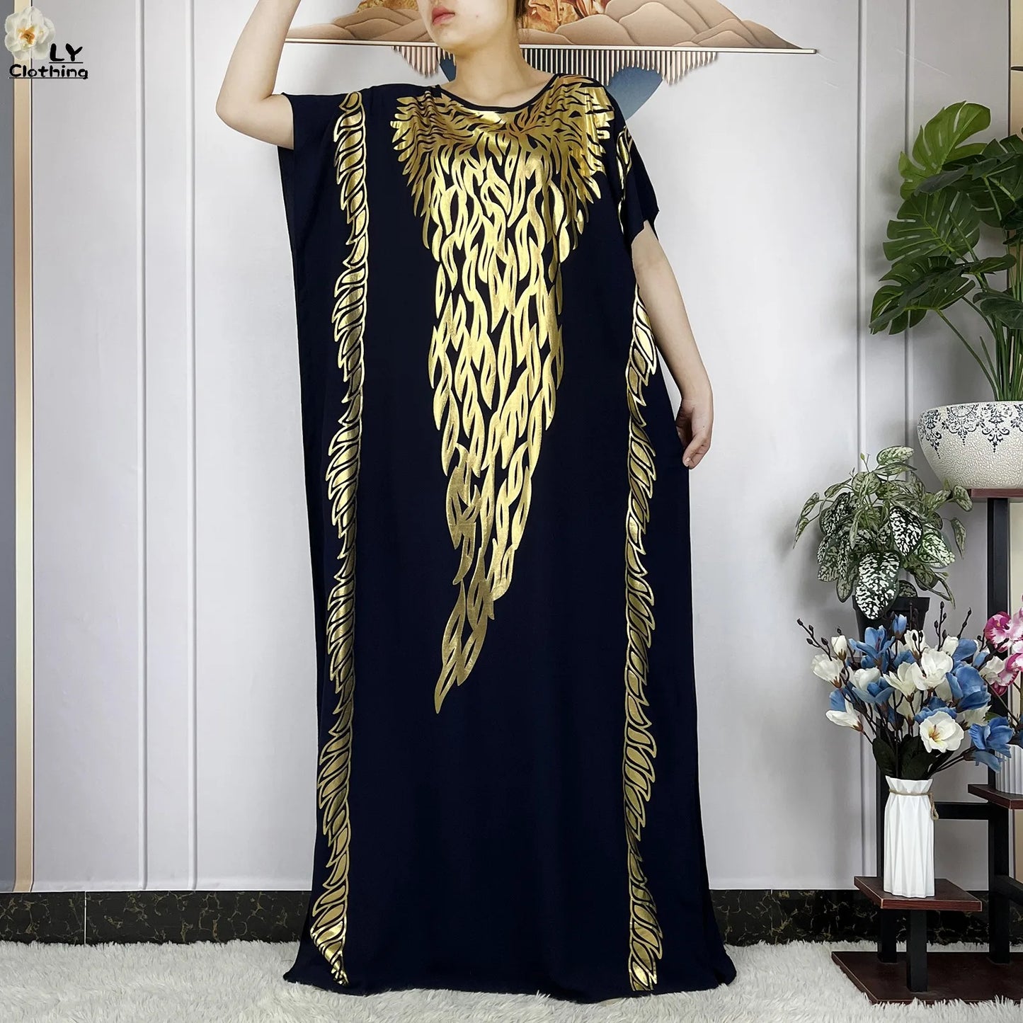 New Summer Short Sleeve Robe Cotton Loose Lady Dress With Big Scarf Gold Stamping Boubou Maxi Islam Women African Abaya Clothing