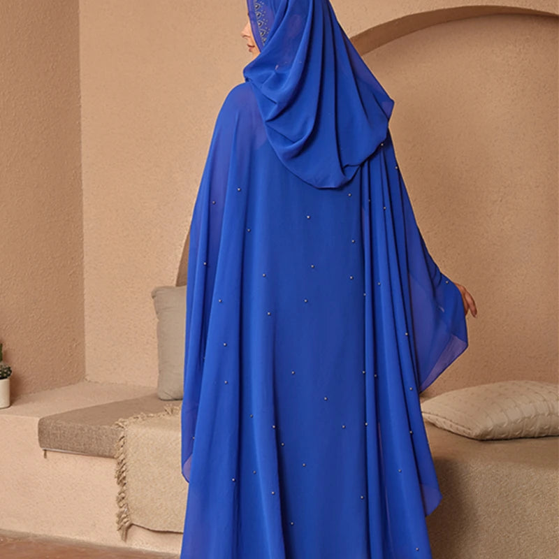 Fashion Chiffon Hooded Boubou Kaftan Abaya Dubai Turkey Muslim Caftan Maxi Dresses Islamic Clothing Elegant African Beads Dress