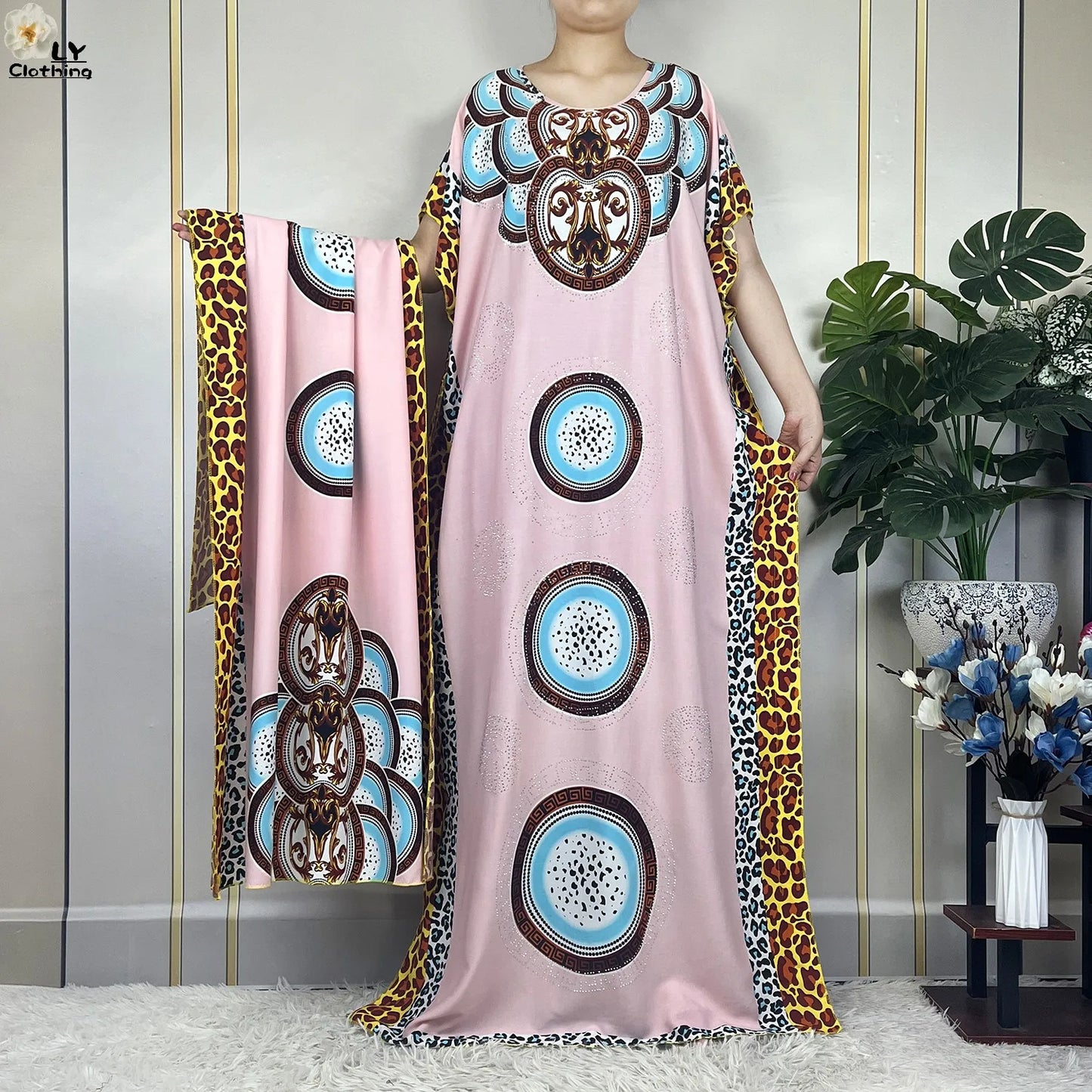 Muslim Lady Dress With Big Scarf Cotton Printed Loose Floral African Dashiki Boubou Maxi Islam Women Short Sleeve Abaya Clothing