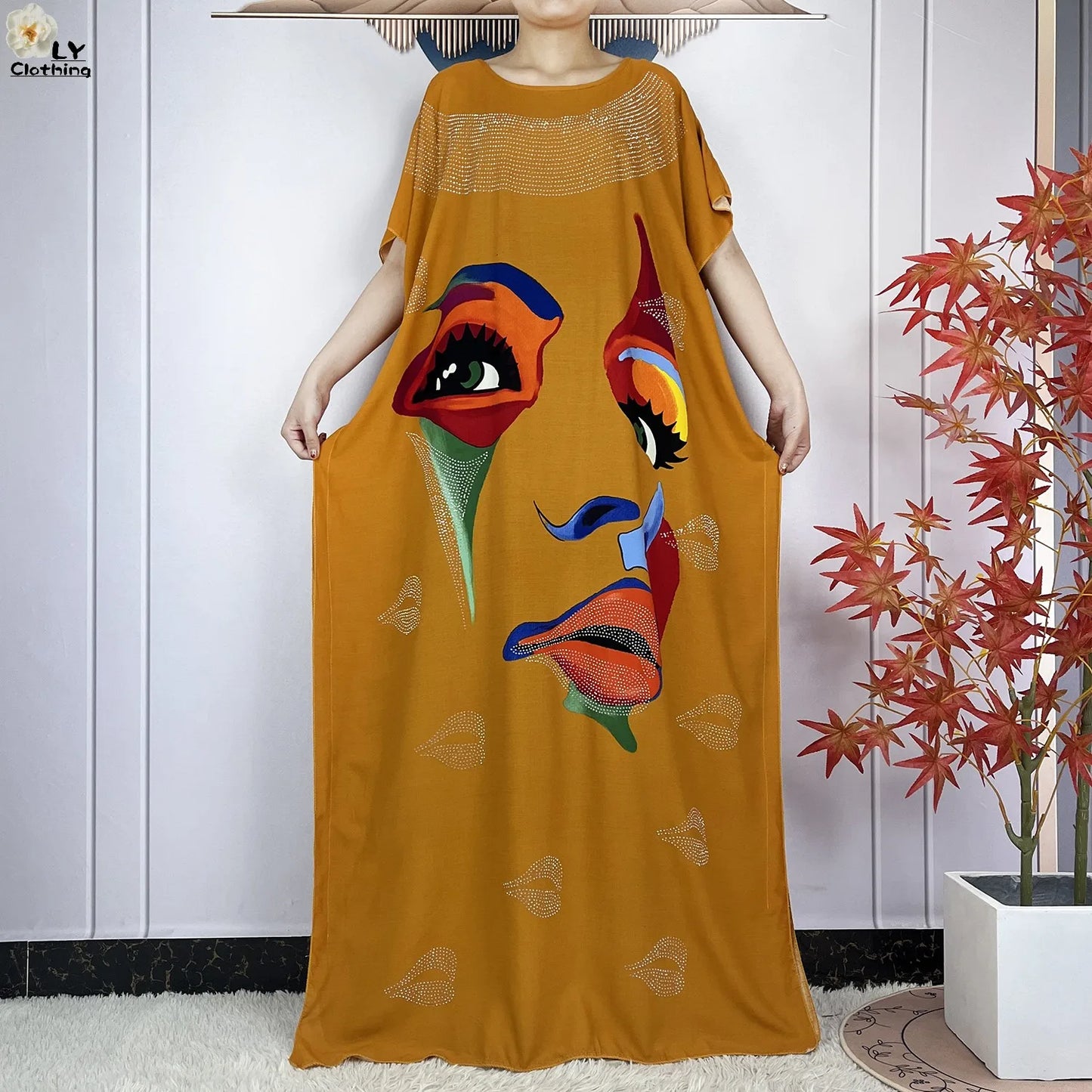 Muslim Lady Dress With Big Scarf Cotton Printed Loose Floral African Dashiki Boubou Maxi Islam Women Short Sleeve Abaya Clothing