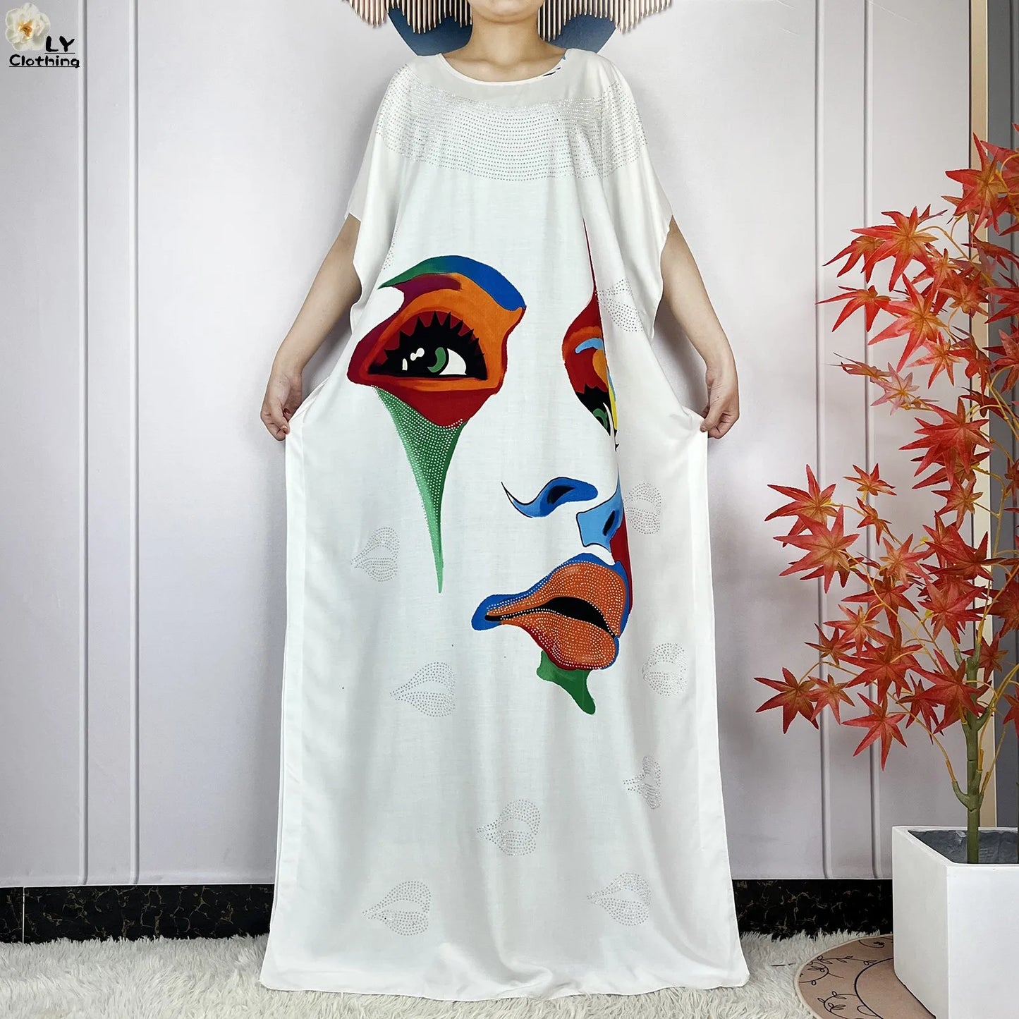 Muslim Lady Dress With Big Scarf Cotton Printed Loose Floral African Dashiki Boubou Maxi Islam Women Short Sleeve Abaya Clothing