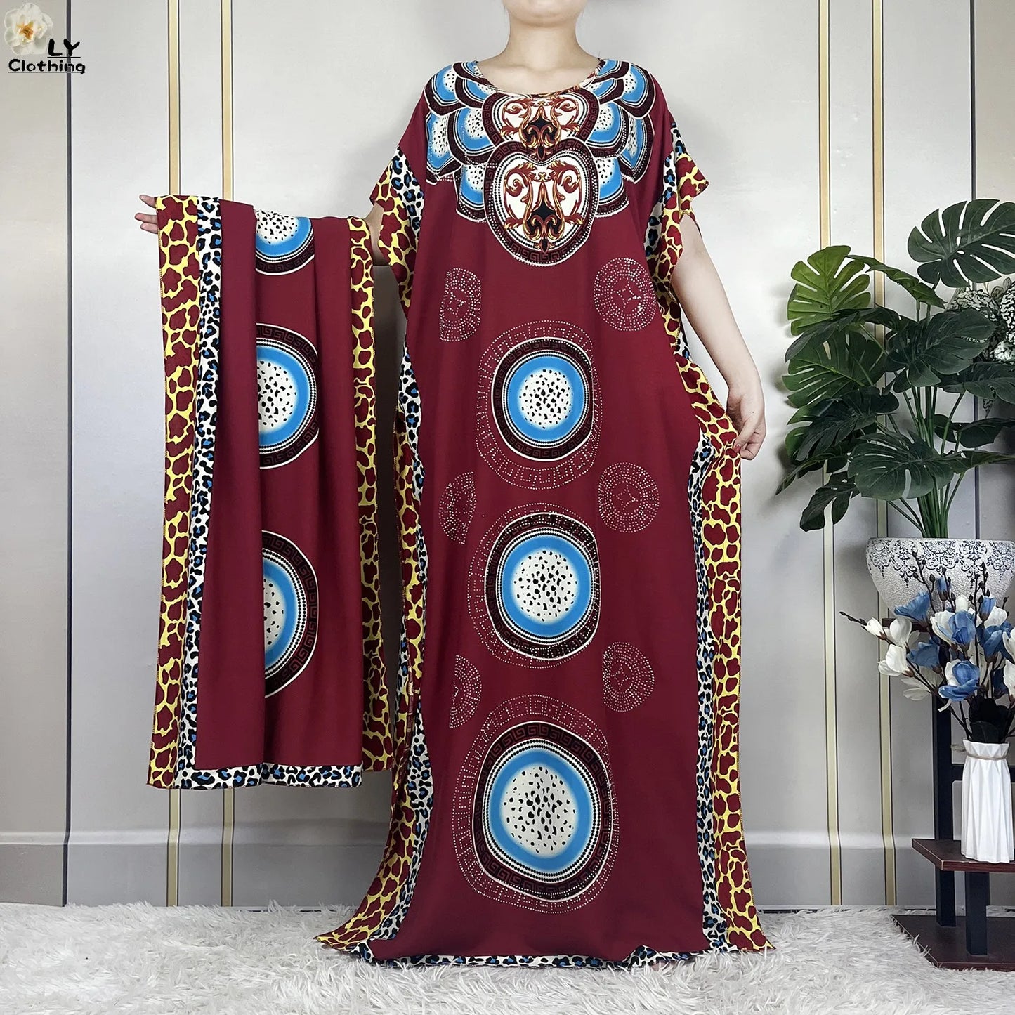 Muslim Lady Dress With Big Scarf Cotton Printed Loose Floral African Dashiki Boubou Maxi Islam Women Short Sleeve Abaya Clothing