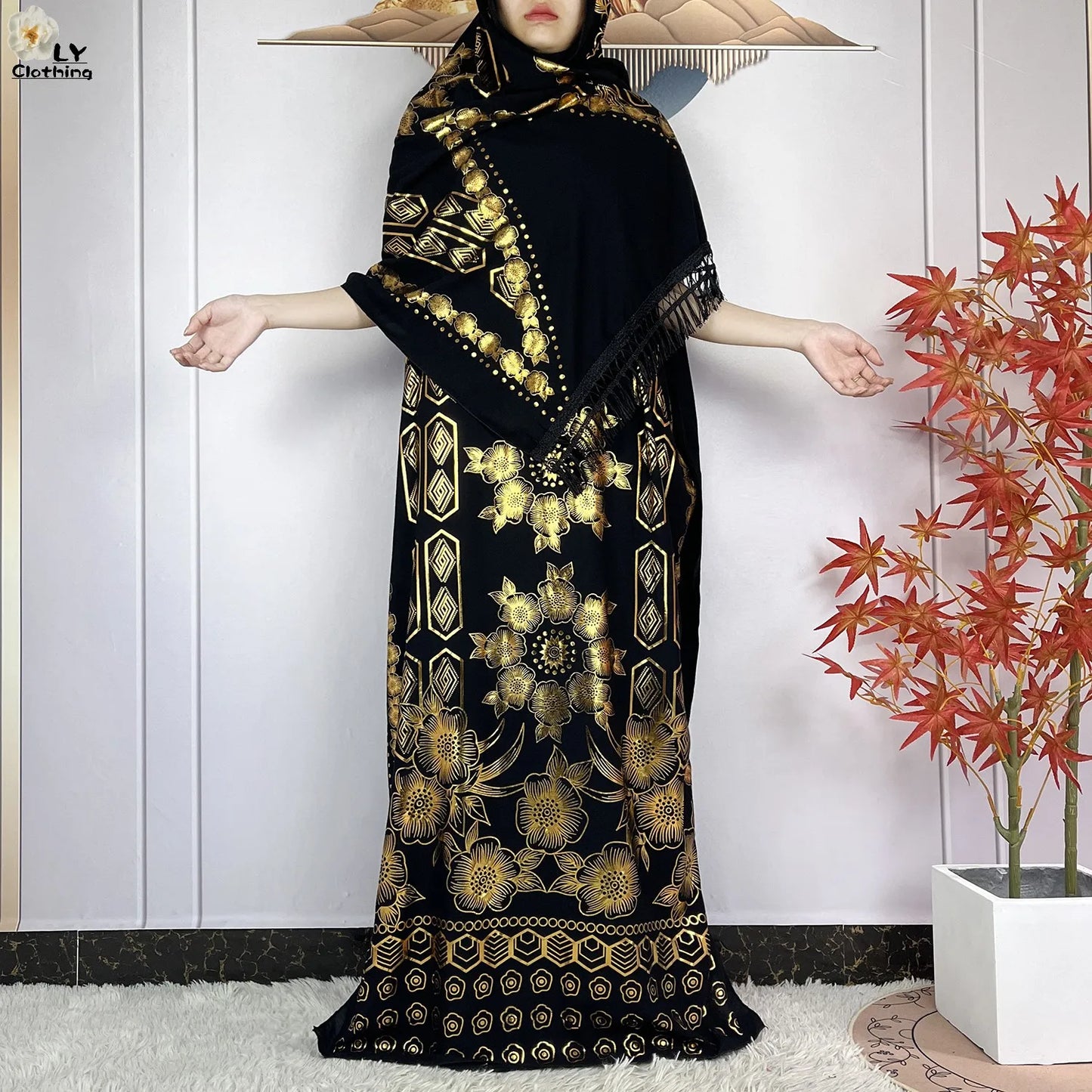 New Summer Short Sleeve Robe Cotton Loose Lady Dress With Big Scarf Gold Stamping Boubou Maxi Islam Women African Abaya Clothing