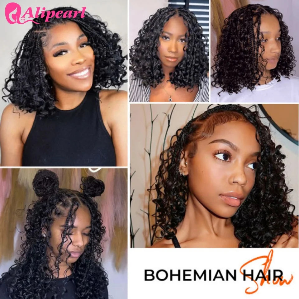 AliPearl Hair Boho Braided Knotless Short Curly 13x6 Lace frontal Wig Pre cut lace Human Hair Wigs 180% density