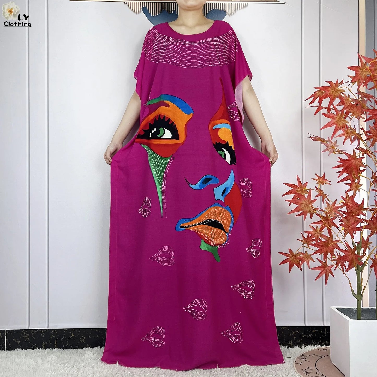 Muslim Lady Dress With Big Scarf Cotton Printed Loose Floral African Dashiki Boubou Maxi Islam Women Short Sleeve Abaya Clothing