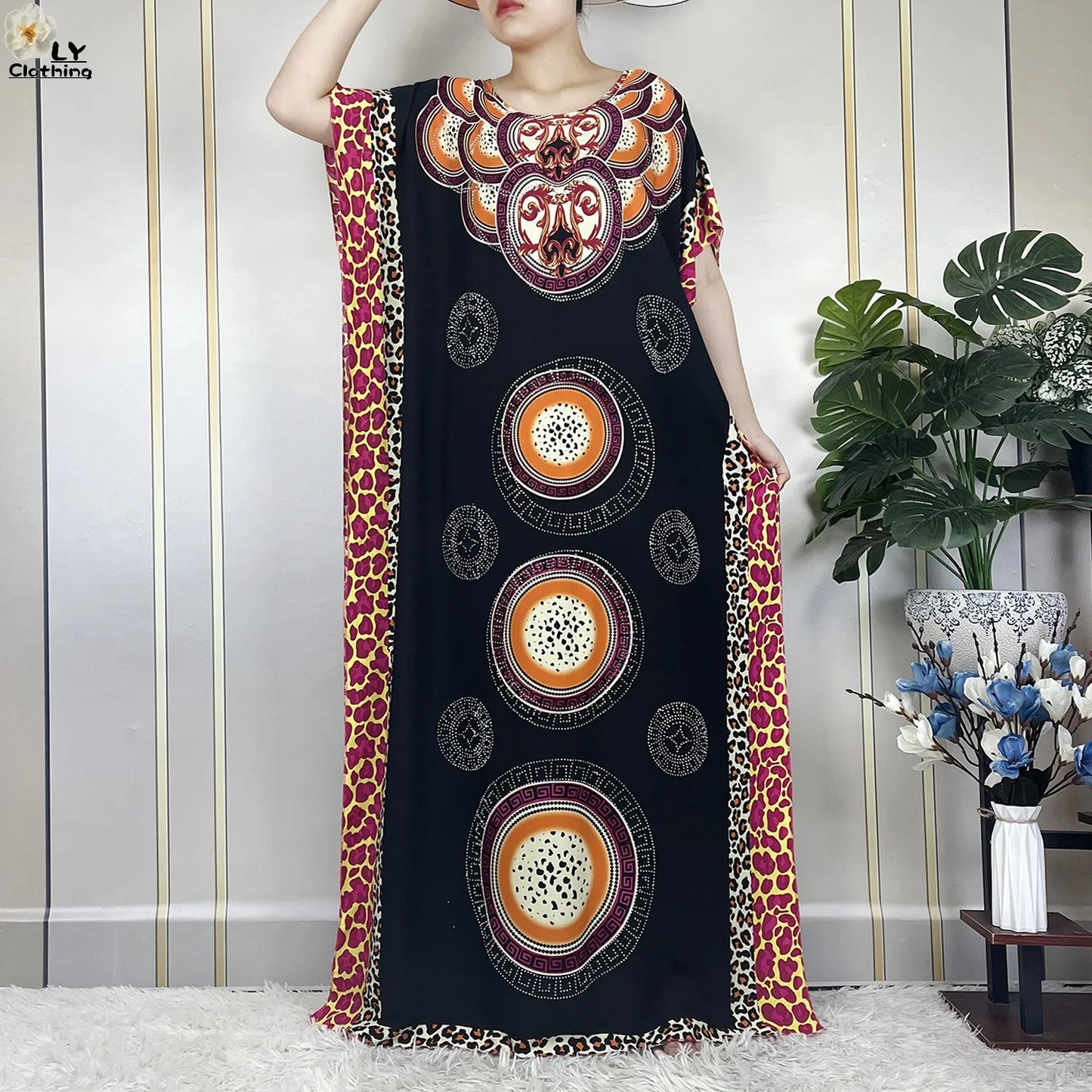 Muslim Lady Dress With Big Scarf Cotton Printed Loose Floral African Dashiki Boubou Maxi Islam Women Short Sleeve Abaya Clothing