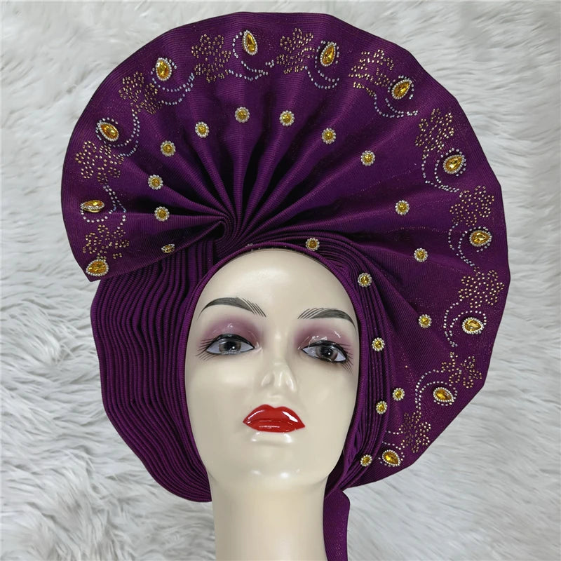 Nigerian gel headgear, with stone bead, already made auto, turban, afro aso ebi gel aso oke, wide brim headgear 7L111802