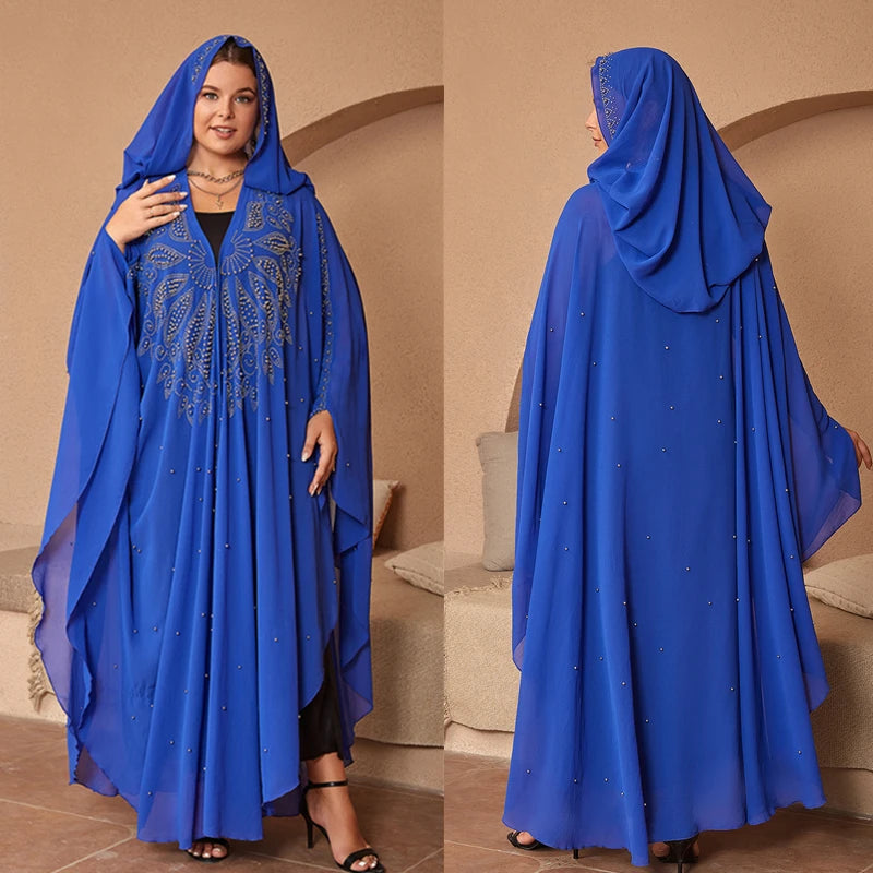 Fashion Chiffon Hooded Boubou Kaftan Abaya Dubai Turkey Muslim Caftan Maxi Dresses Islamic Clothing Elegant African Beads Dress