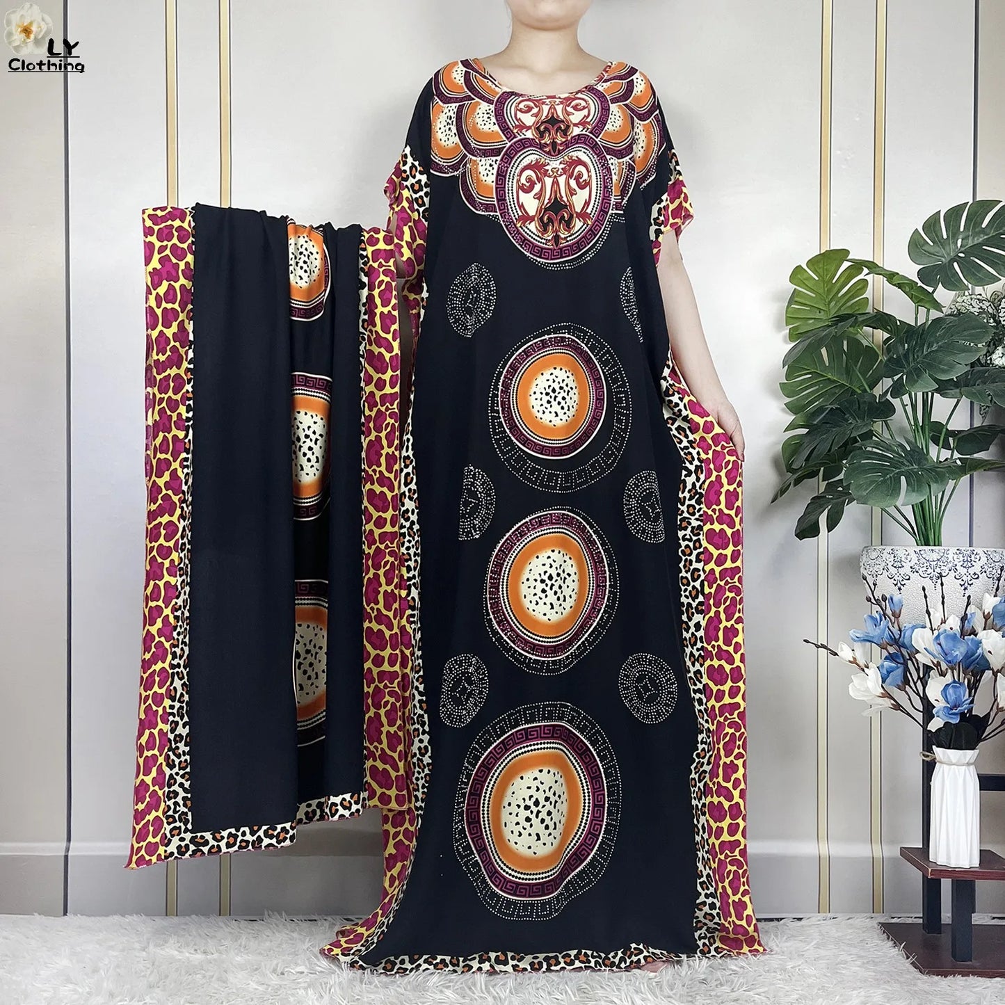 Muslim Lady Dress With Big Scarf Cotton Printed Loose Floral African Dashiki Boubou Maxi Islam Women Short Sleeve Abaya Clothing