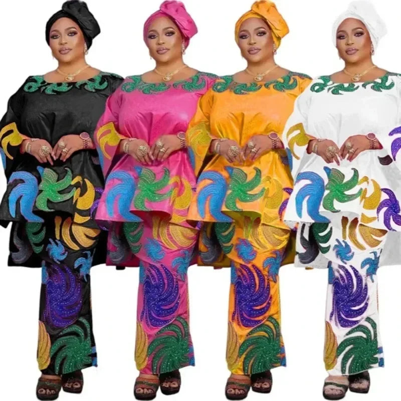 Plus Size African Clothes for Women Dashiki Tradition Outfit Robe Embroidery Tops Skirt Suits Bazin Muslim Wedding Party Dresses