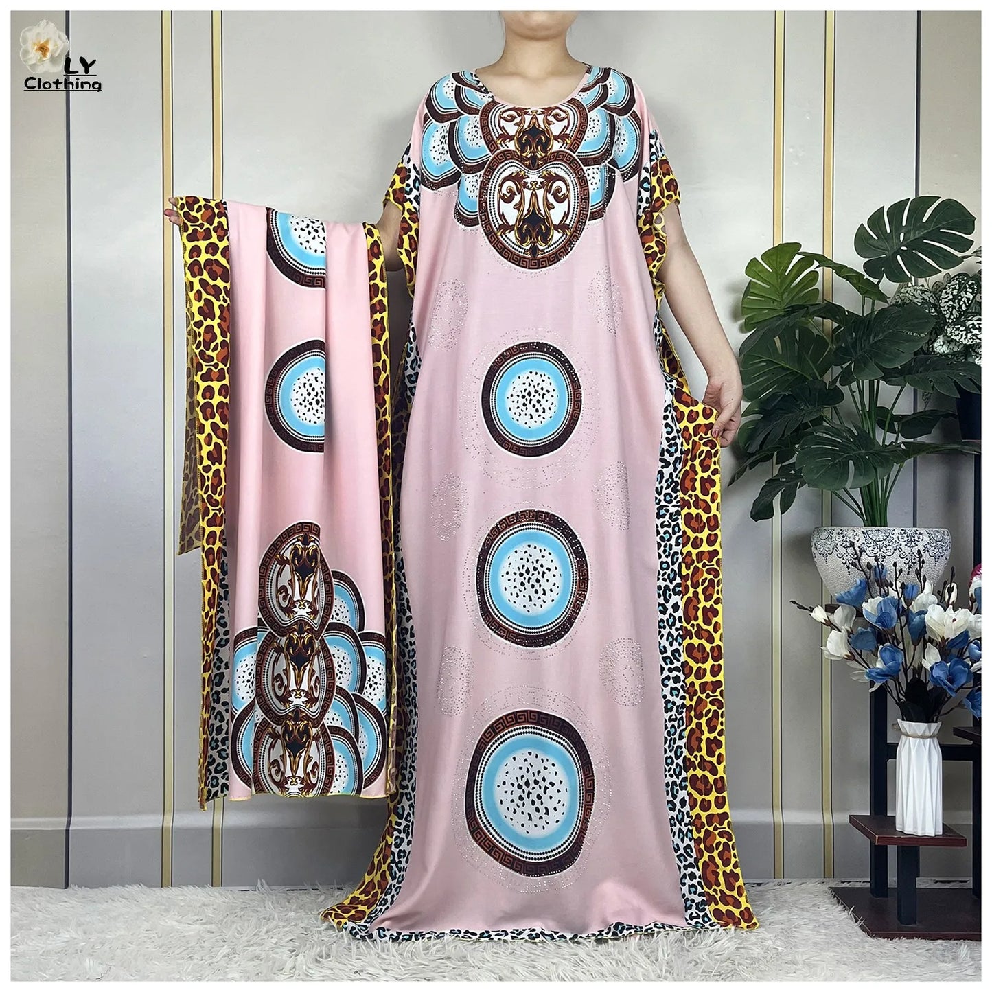 Muslim Lady Dress With Big Scarf Cotton Printed Loose Floral African Dashiki Boubou Maxi Islam Women Short Sleeve Abaya Clothing