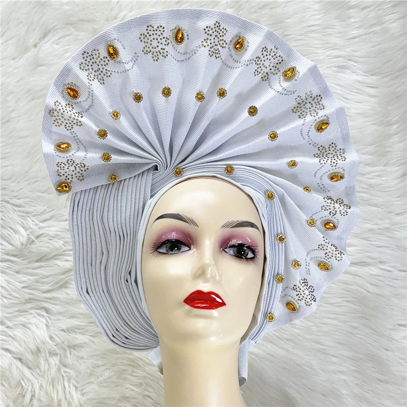 Nigerian gel headgear, with stone bead, already made auto, turban, afro aso ebi gel aso oke, wide brim headgear 7L111802