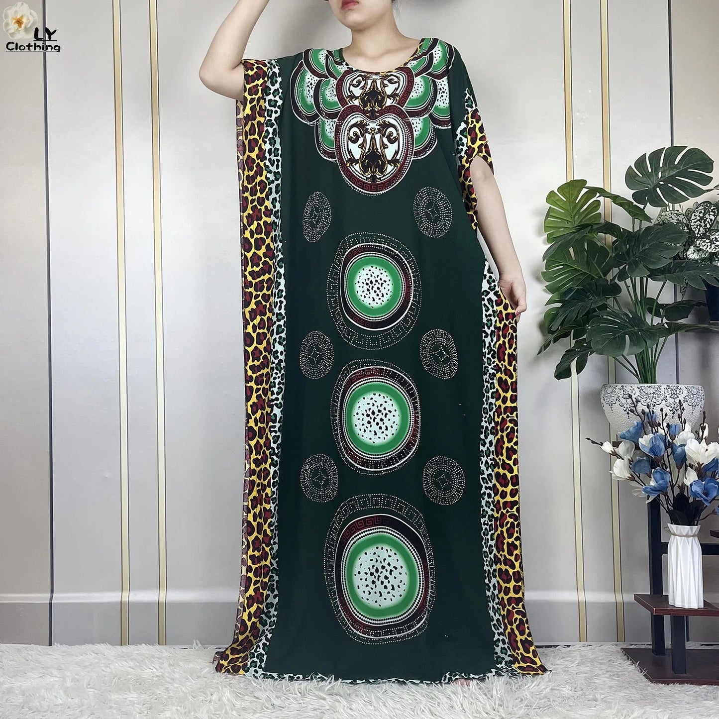 Muslim Lady Dress With Big Scarf Cotton Printed Loose Floral African Dashiki Boubou Maxi Islam Women Short Sleeve Abaya Clothing