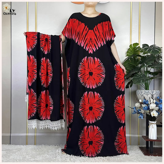 2023 New Muslim Fashion Summer Woman Short Sleeve Dresses With Big Scarf Loose Cotton Boubou Kaftan Islam African Abaya Clothing