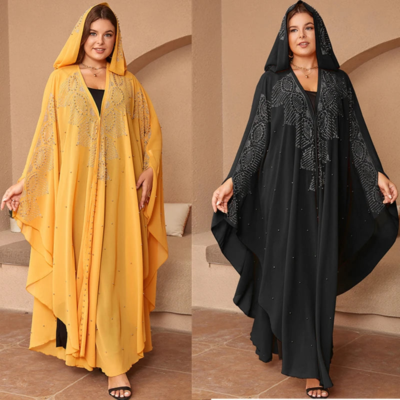 Muslim Kaftan Hooded Abaya Dress For Women Dubai Turkish Rhinestone Chiffon Djellaba Elegant Loose Boubou Beads Africa Clothing