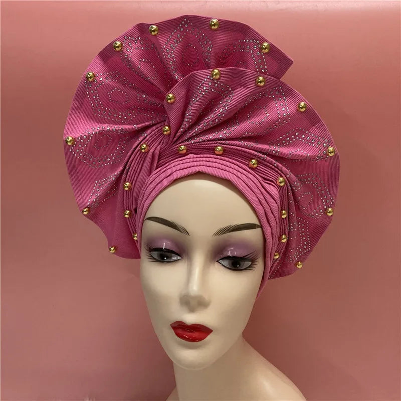 Nigerian gel headgear, with stone bead, already made auto, turban, afro aso ebi gel aso oke, wide brim headgear 7L111802