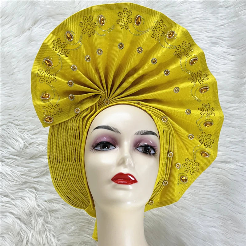 Nigerian gel headgear, with stone bead, already made auto, turban, afro aso ebi gel aso oke, wide brim headgear 7L111802