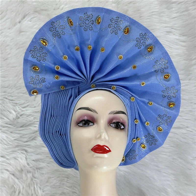 Nigerian gel headgear, with stone bead, already made auto, turban, afro aso ebi gel aso oke, wide brim headgear 7L111802