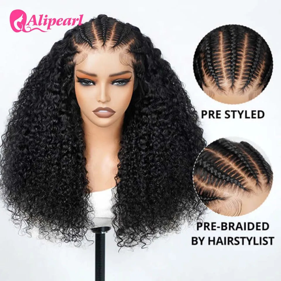 Alipearl Pre-Styled Cute Braids Curly Ready & Go Human Hair Wig 13x6 Transparent Lace Full Frontal Guleless Wig Pre Baby Hair