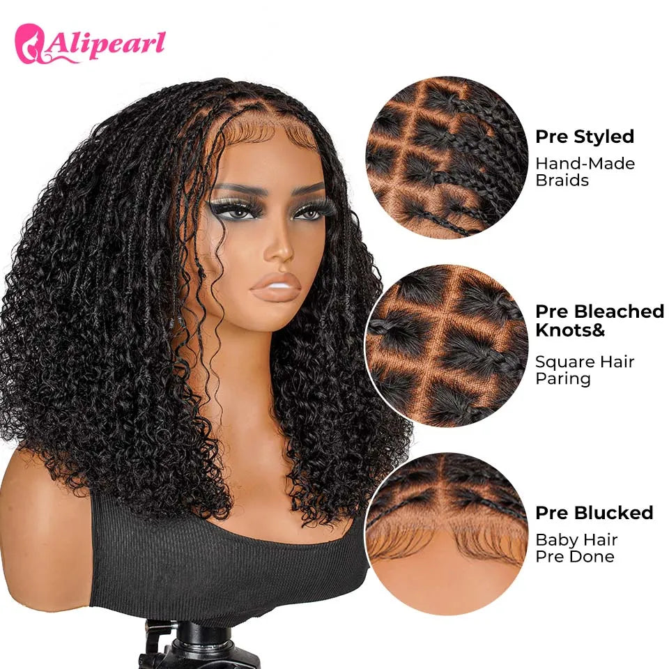 AliPearl Hair Boho Braided Knotless Short Curly 13x6 Lace frontal Wig Pre cut lace Human Hair Wigs 180% density