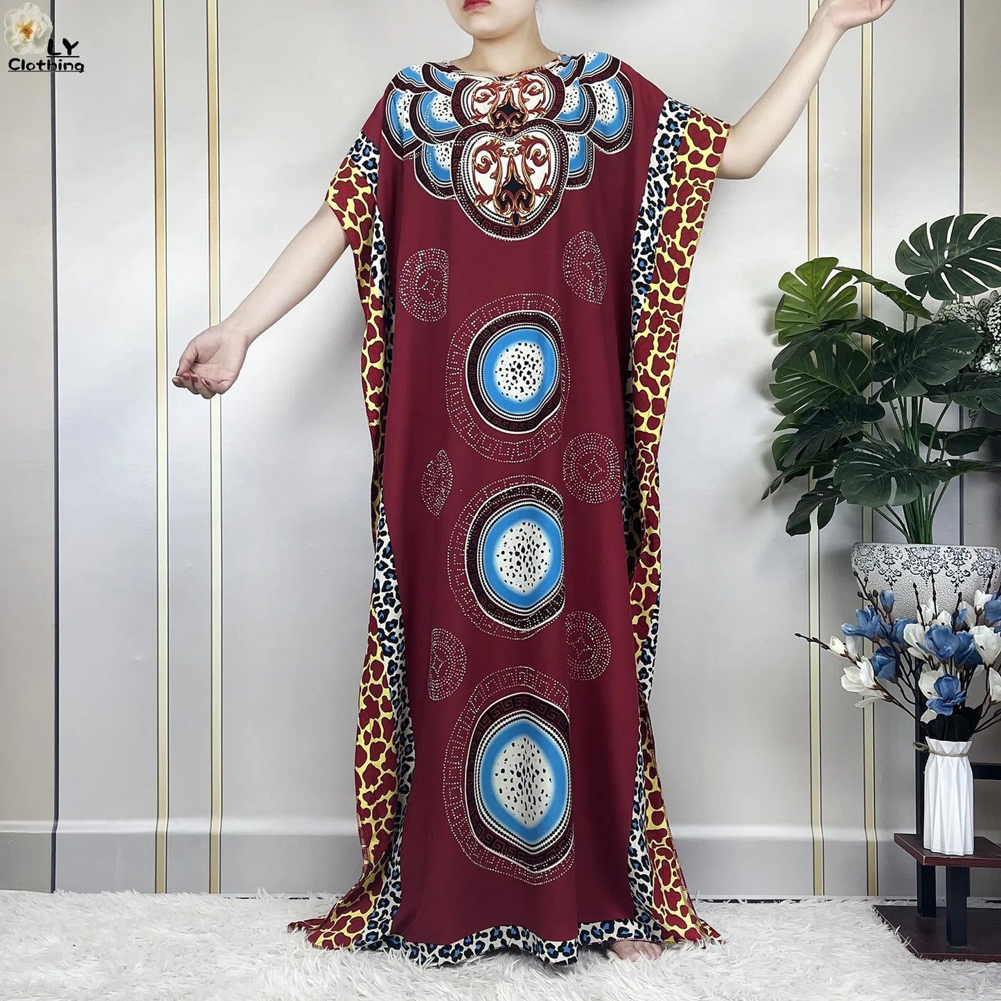 Muslim Lady Dress With Big Scarf Cotton Printed Loose Floral African Dashiki Boubou Maxi Islam Women Short Sleeve Abaya Clothing