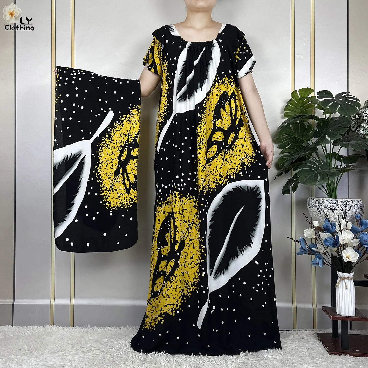 2023 New Muslim Lady Fashion Summer Cotton Short Sleeve Dress Floral Print Boubou Maxi Islam Women Loose African Abaya Clothes