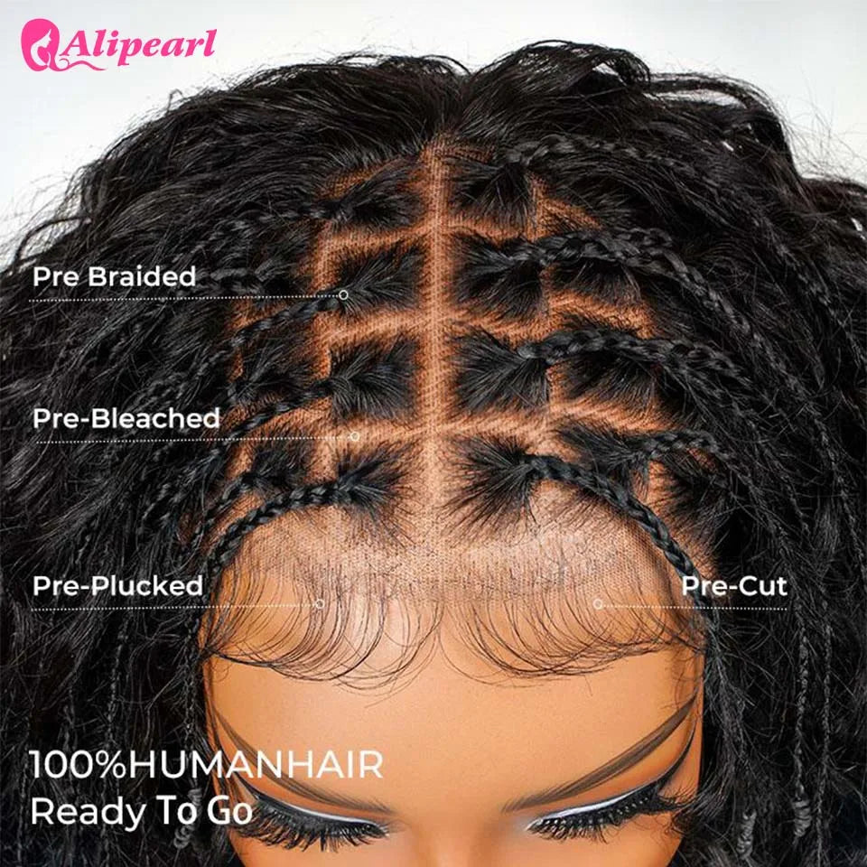 AliPearl Hair Boho Braided Knotless Short Curly 13x6 Lace frontal Wig Pre cut lace Human Hair Wigs 180% density