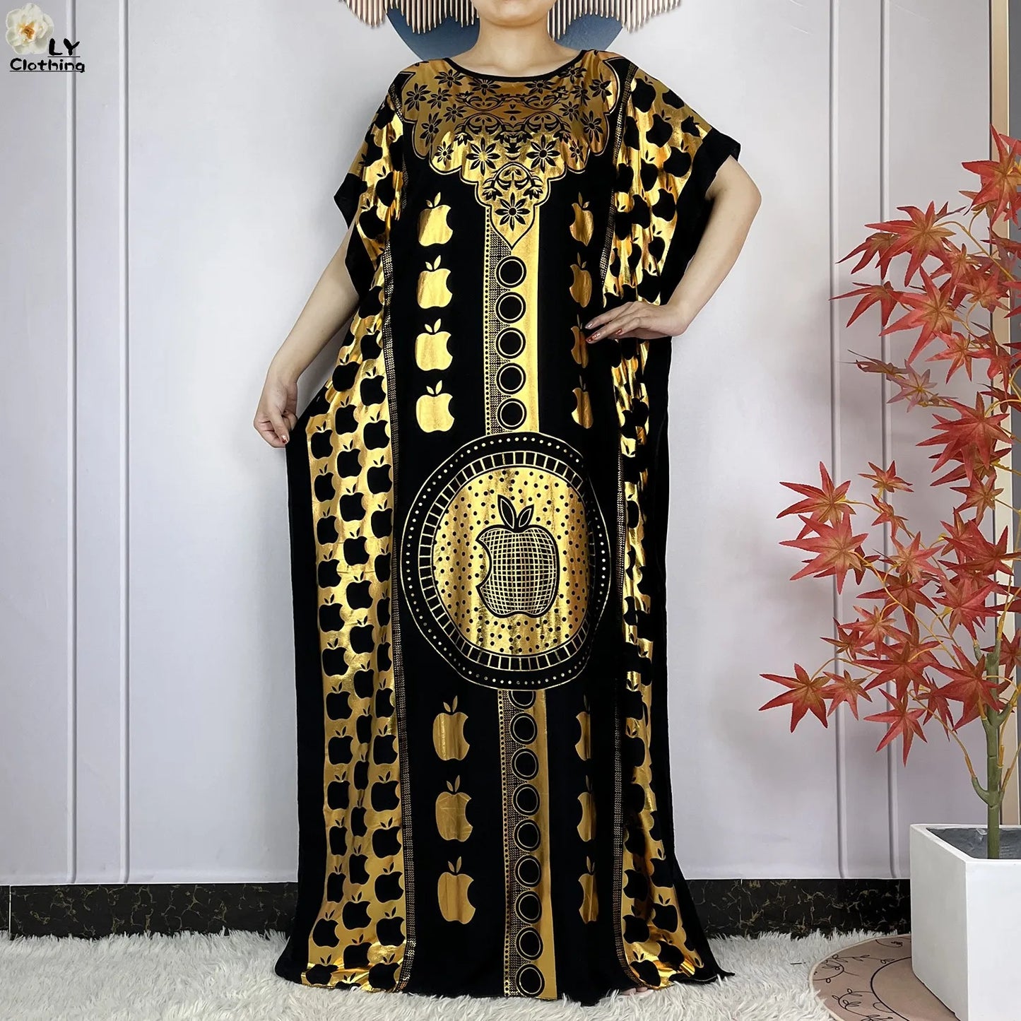 New Summer Short Sleeve Robe Cotton Loose Lady Dress With Big Scarf Gold Stamping Boubou Maxi Islam Women African Abaya Clothing